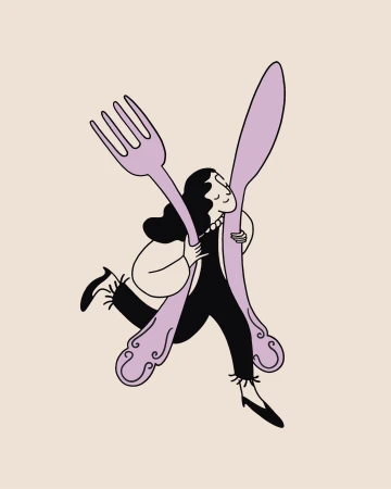 Minimal line illustration of a woman running while holding an oversized lilac fork and knife against a light beige background.