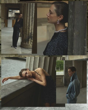 Collage of fashion photos featuring women in dresses and jackets inside a concrete building with columns and neutral color tones.