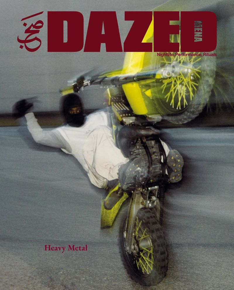 Magazine cover featuring a person performing a stunt on a yellow and grey dirt bike with the text “Dazed” across the top.
