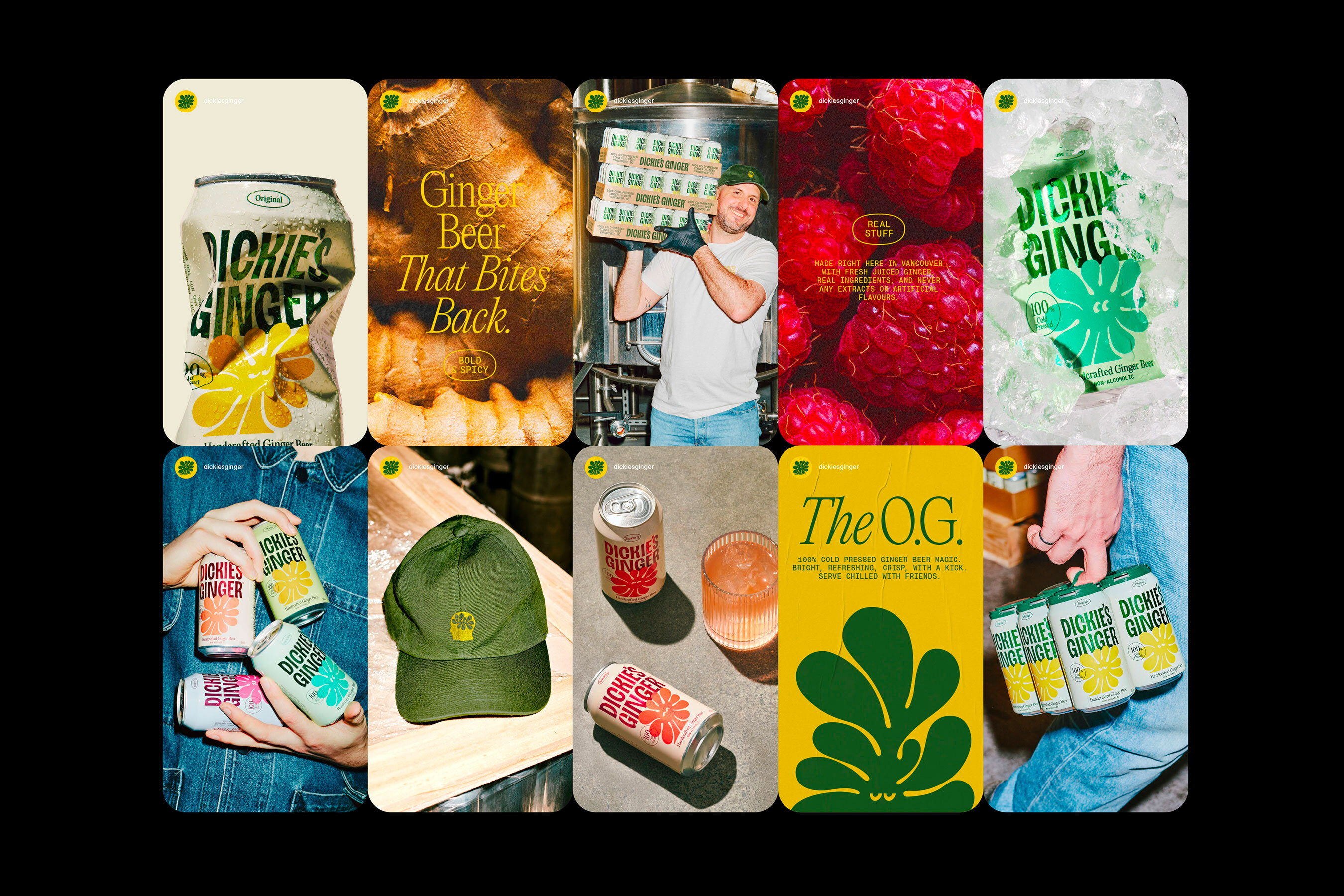 Grid of ten vertical social media cards showcasing canned ginger beer packaging, fresh ingredients, apparel, and brewery photography.