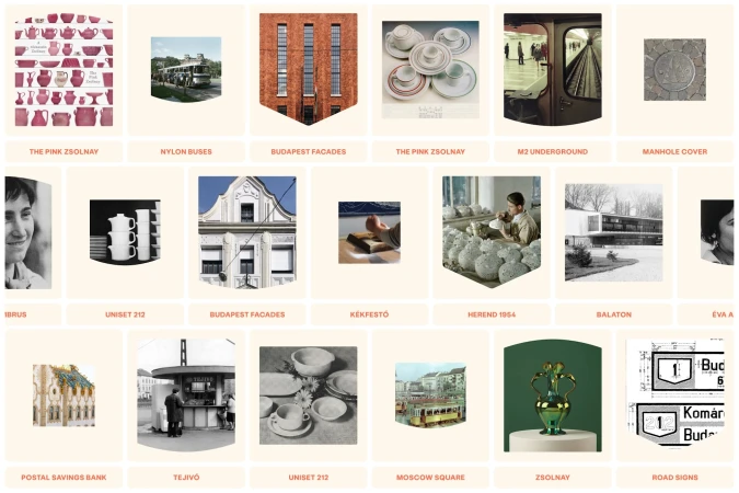 A modular digital grid layout presenting photo cards of Budapest architecture, vintage ceramics, buses, and typography on a cream background.