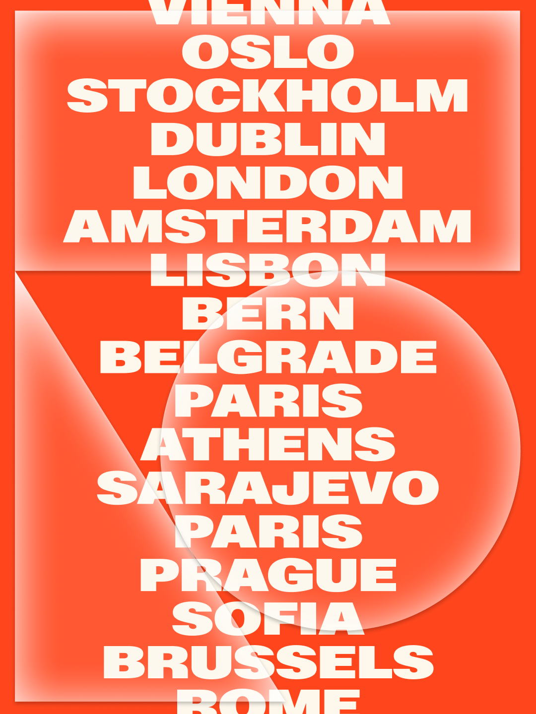 White bold typography listing European cities over a bright orange background with translucent geometric overlays.