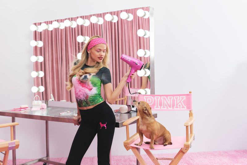 A woman holding a pink hairdryer playfully aims it at a small chihuahua sitting on a pink director chair in front of a vanity mirror.