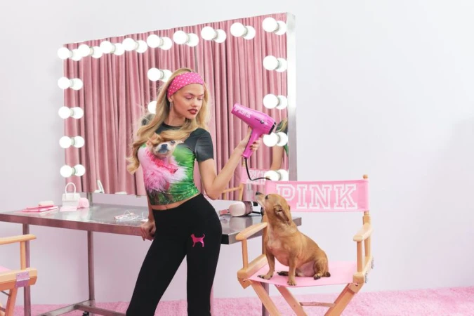 A woman holding a pink hairdryer playfully aims it at a small chihuahua sitting on a pink director chair in front of a vanity mirror.