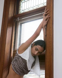 Model with arms raised posing against a wooden window frame with blinds wearing a plaid top and white mesh overlay.
