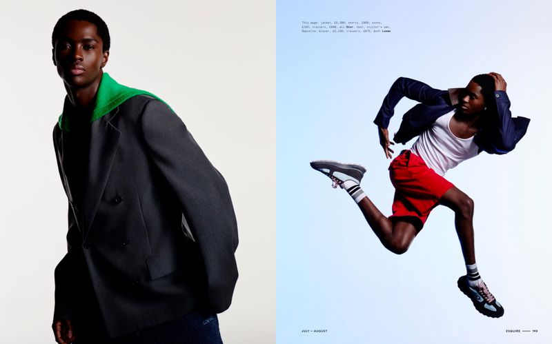Editorial magazine spread of model Alton Mason in a grey blazer on the left and leaping mid-air in red shorts on the right.