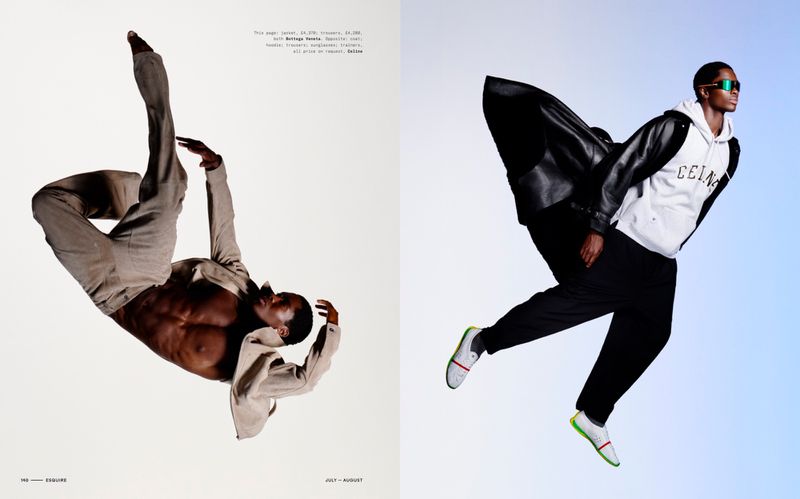 Model Alton Mason captured mid-air in dynamic editorial poses for an Esquire UK fashion spread.