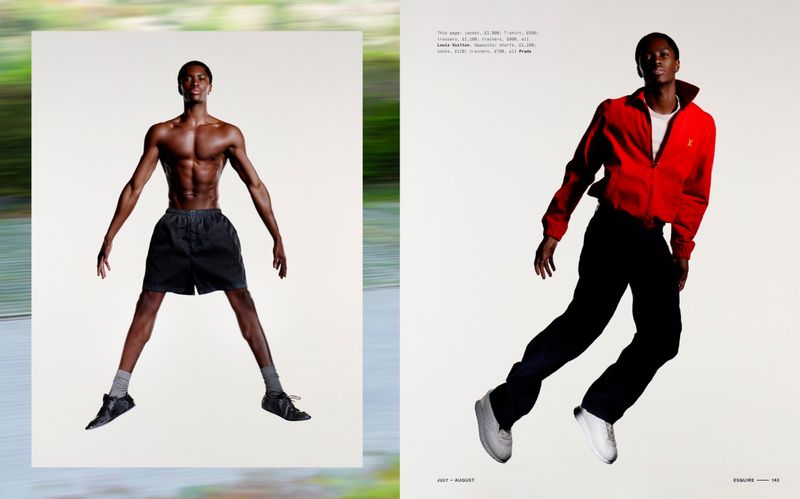 Model Alton Mason captured mid-air in two dynamic poses for an Esquire UK fashion editorial spread.