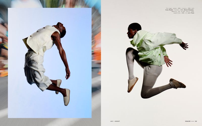 Model Alton Mason leaping in mid-air across a dual-panel magazine fashion editorial spread for Esquire UK.