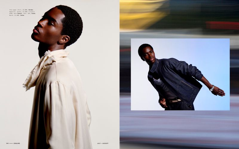 Editorial magazine spread of model Alton Mason wearing a cream collared shirt and a dark jacket for Esquire UK.