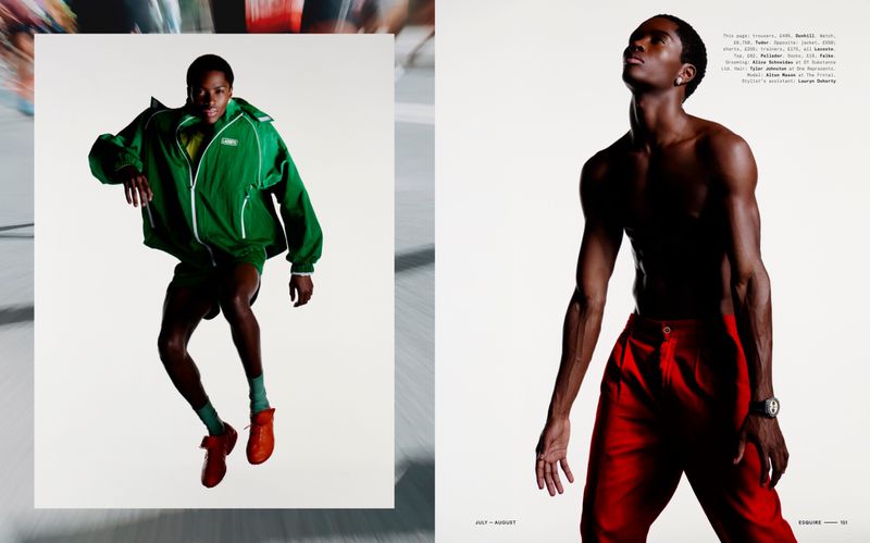 Fashion editorial spread of model Alton Mason leaping in a green windbreaker alongside a portrait in red trousers.
