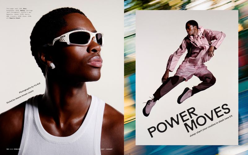 Model Alton Mason wearing white sunglasses in a close-up portrait beside a full-body photo of him jumping in a pink sportswear tracksuit.