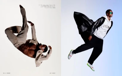 Model Alton Mason captured mid-air in dynamic editorial poses for an Esquire UK fashion spread.