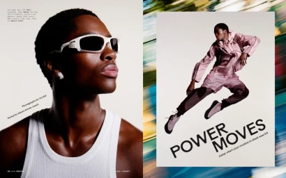 Model Alton Mason wearing white sunglasses in a close-up portrait beside a full-body photo of him jumping in a pink sportswear tracksuit.