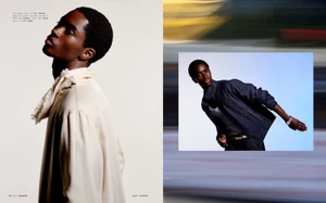 Editorial magazine spread of model Alton Mason wearing a cream collared shirt and a dark jacket for Esquire UK.