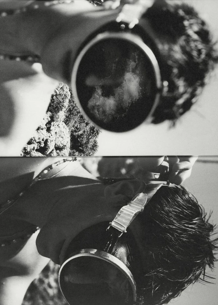 Black and white diptych photograph of a young man wearing vintage diving goggles in bright sunlight.