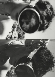 Black and white diptych photograph of a young man wearing vintage diving goggles in bright sunlight.