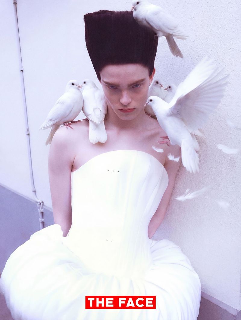 Model with tall columnar black hair wearing a white strapless gown surrounded by perched and flying white doves.