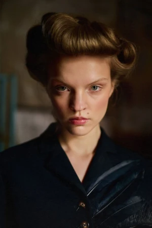 Model Batura Aliaksandra with vintage rolled hair in a black buttoned jacket with dark feather accents looking directly at the camera.