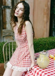 Model Valerie Pasker seated outdoors in a red and white gingham mini dress with lace trim next to a pitcher of lemonade.