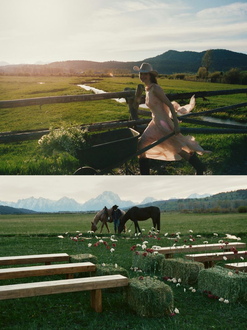 Diptych of Valerie Pasker in a blush dress pushing a wheelbarrow above an outdoor meadow ceremony setup with benches and hay bales.