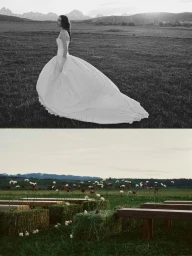 Split diptych featuring Valerie Pasker in a voluminous white ballgown wedding dress and an outdoor meadow wedding ceremony setup.