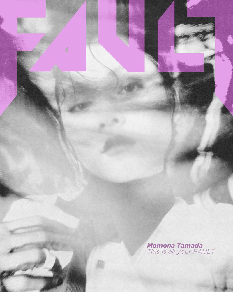 Momona Tamada featured on the digital cover of Fault Magazine with dreamlike motion blur and lilac typography overlay.