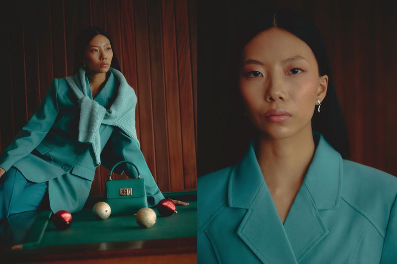 East Asian woman posing in a teal blazer beside a matching handbag and holiday ornaments on a pool table in a two-panel diptych.