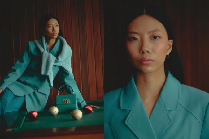 East Asian woman posing in a teal blazer beside a matching handbag and holiday ornaments on a pool table in a two-panel diptych.