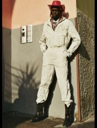 Model wearing a cream jumpsuit, glossy red cowboy hat, and black western boots leaning against an exterior stucco wall in sunlight.