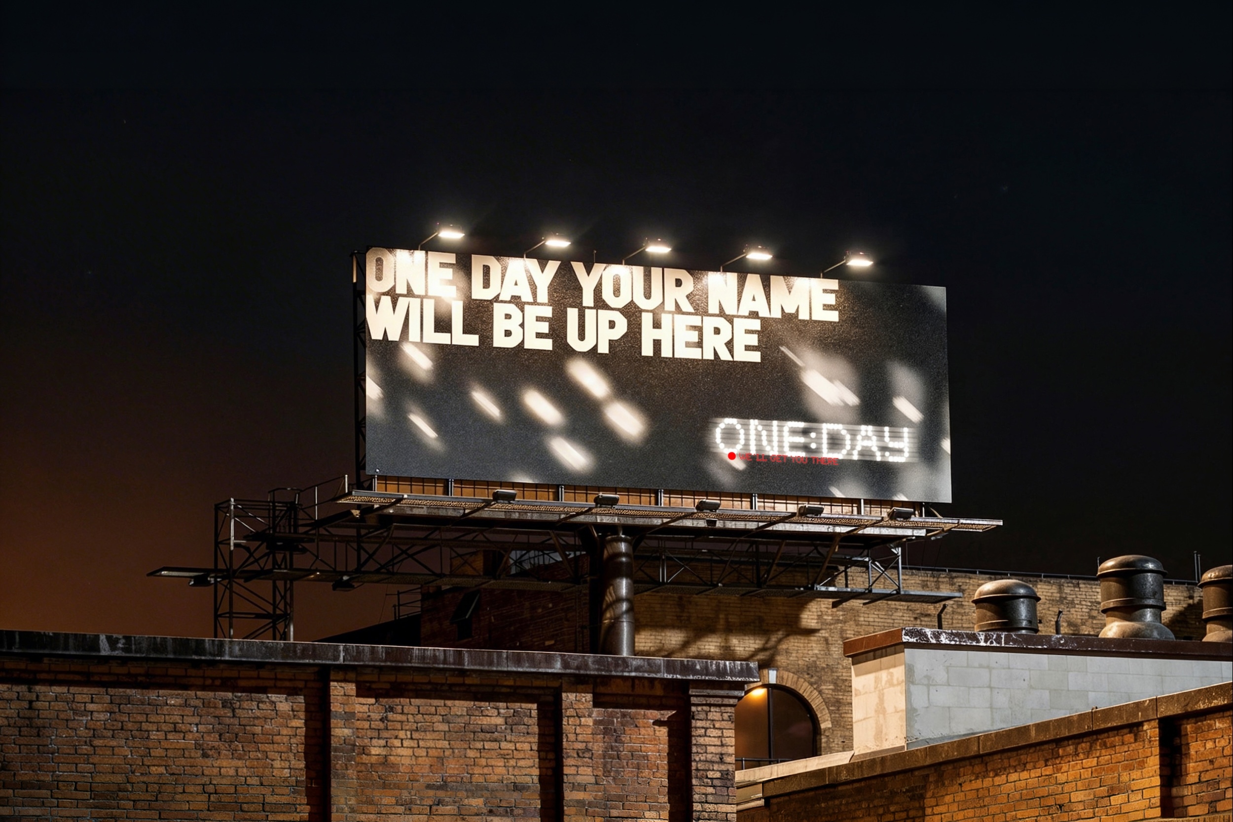Illuminated billboard on an urban brick rooftop at night reading One Day Your Name Will Be Up Here with spotlight reflections.