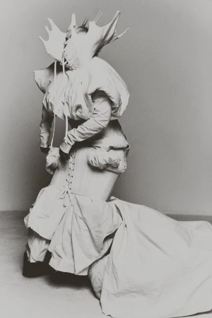 Monochromatic fashion shot featuring a person in a sculptural white garment with an avant-garde headpiece against a grey backdrop.