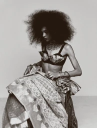 Monochrome portrait of a model with voluminous textured afro hair wearing a metallic bra top and ornate choker against a seamless backdrop.