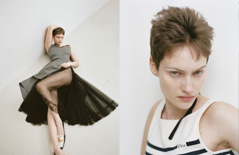 Diptych featuring model Greta Hofer in a grey dress with sheer black skirt and a close-up portrait wearing a white Dior top.
