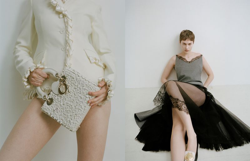 Model wearing a grey top and black sheer skirt seated against a white wall for Vogue Turkey Dior Special editorial