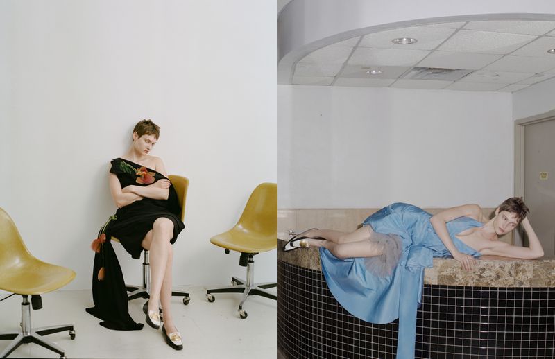 Diptych of a model with short hair wearing a black dress seated on a yellow chair, and lying beside a tiled pool.