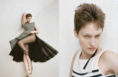 Diptych featuring model Greta Hofer in a grey dress with sheer black skirt and a close-up portrait wearing a white Dior top.