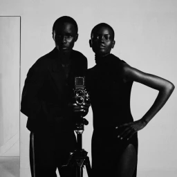 Black and white studio portrait of a man and woman in black standing beside a medium format camera on a tripod.