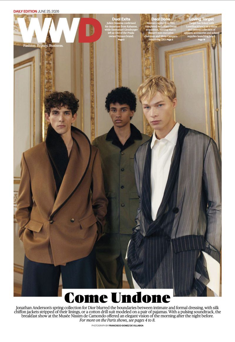WWD magazine cover featuring three male models showcasing Dior Men SS27 tailoring in an ornate interior