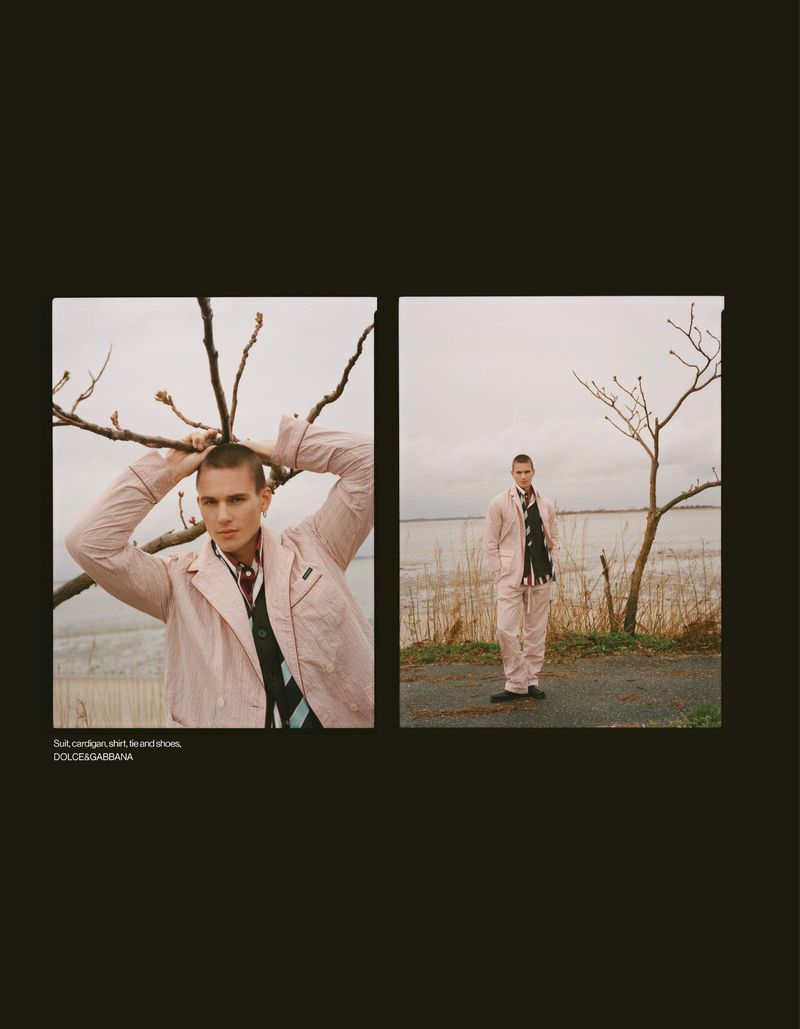Fashion editorial diptych of model Samuel Watson wearing a pale pink suit near bare branches and an overcast shoreline.