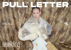 Model in a textured faux-fur jacket against a leopard-print fabric background for Pull Letter Magazine