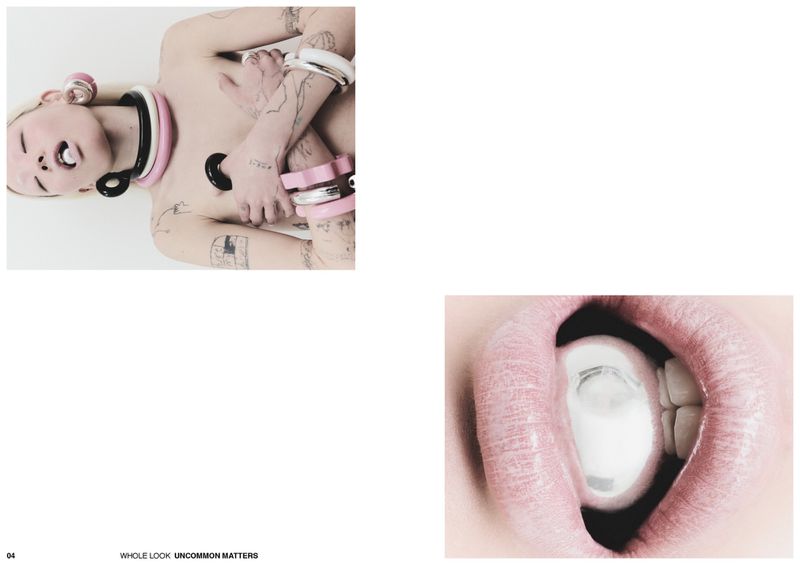 Fashion editorial spread featuring a tattooed model wearing sculptural neckpieces and a macro close-up of lips with a silver sphere.