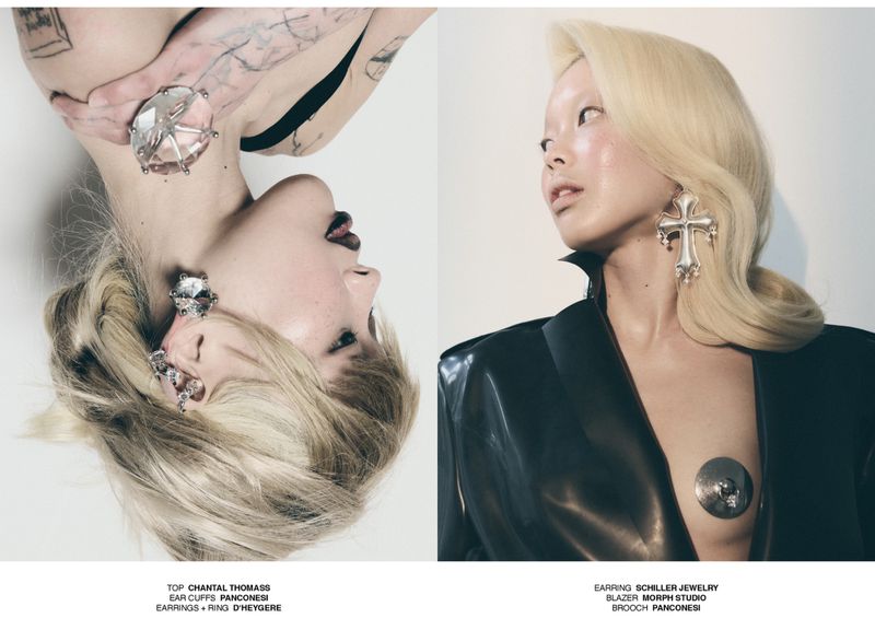 Fashion editorial diptych of an East Asian blonde model wearing crystal jewelry and a black latex blazer against a white backdrop.