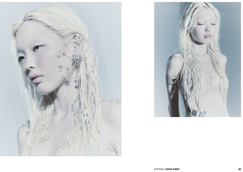 Editorial spread featuring two portraits of an East Asian model with bleached wet hair and a sculptural crystal ear cuff.