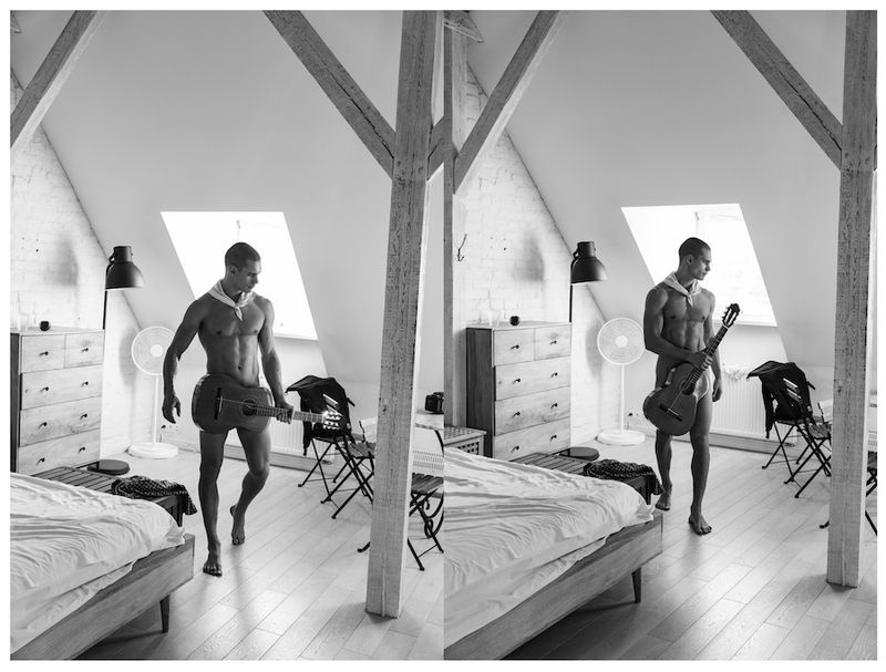Diptych black and white editorial photo of a shirtless man holding an acoustic guitar in an attic bedroom.