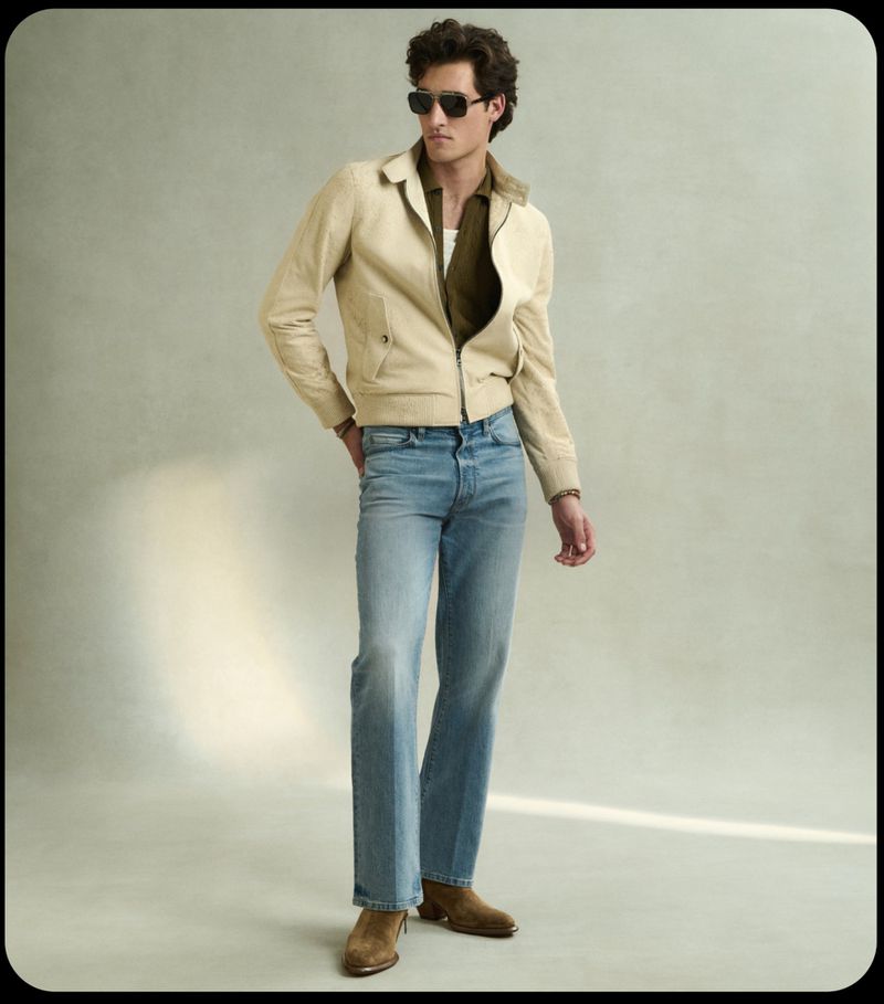 A male fashion model poses in light wash jeans, a beige jacket, and tan cowboy boots, set against a neutral backdrop in a studio setting.