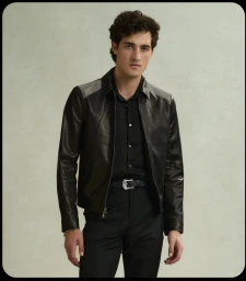 Model Adam Sattrup wearing a black leather jacket over a black shirt and trousers against a neutral studio backdrop.