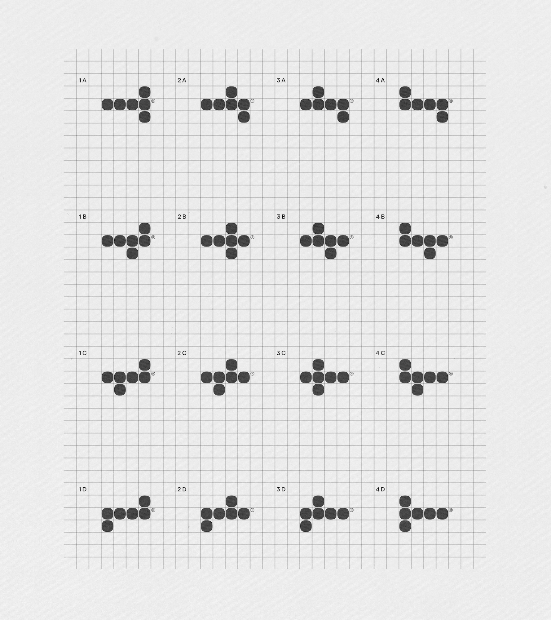 A four by four grid of modular black circular dot configurations labeled 1A through 4D printed on light graph paper.