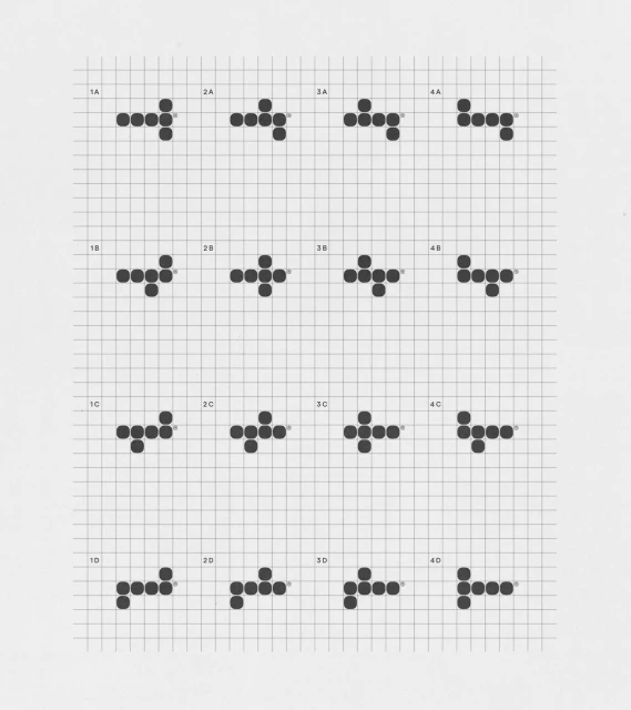 A four by four grid of modular black circular dot configurations labeled 1A through 4D printed on light graph paper.