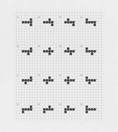 A four by four grid of modular black circular dot configurations labeled 1A through 4D printed on light graph paper.